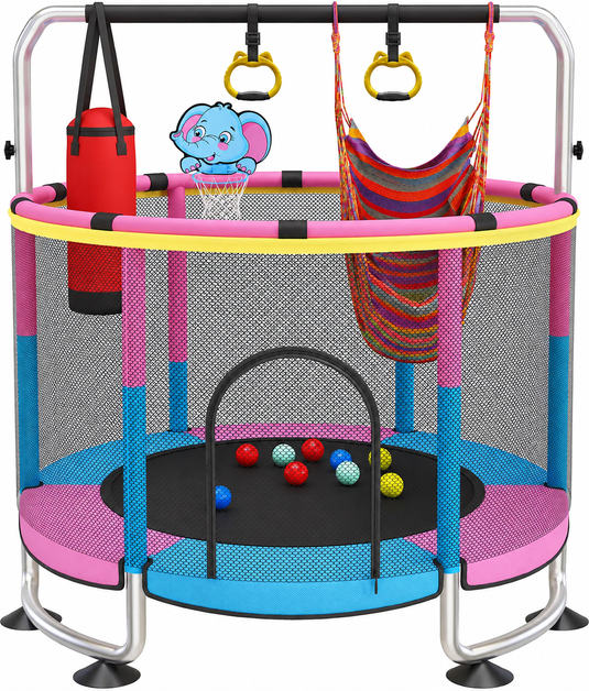 Kindertrampoline 150 cm met veiligheidsnet schommel en basketbalmand roze – trampoline – indoor outdoor