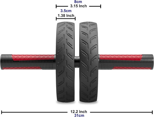 De "Versterk je core met onze Ab-roller voor thuisfitness!" heeft dubbele wielen met een centrale stalen stang en rode handgrepen, ideaal voor core-versterking. Hij is 12,2 inch breed, heeft een wieldiameter van 8 cm en een spleet van 3,5 cm tussen de wielen voor stabiliteit tijdens trainingen.