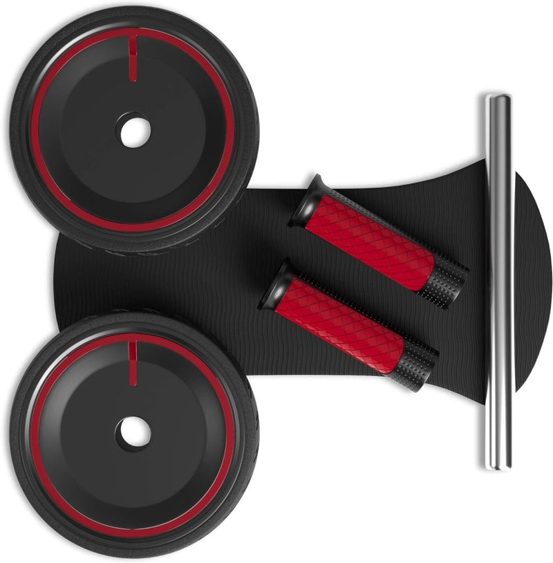 Laad afbeelding in Galerijviewer, Versterk uw core met onze Ab-roller voor thuisfitness, met opvallende rode accenten op de afneembare metalen stang, een zwarte kniebeschermer en twee rode handgrepen voor gerichte trainingen. Dit alles op een onberispelijk witte achtergrond.
