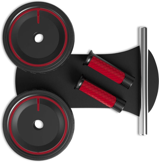 Versterk uw core met onze Ab-roller voor thuisfitness, met opvallende rode accenten op de afneembare metalen stang, een zwarte kniebeschermer en twee rode handgrepen voor gerichte trainingen. Dit alles op een onberispelijk witte achtergrond.