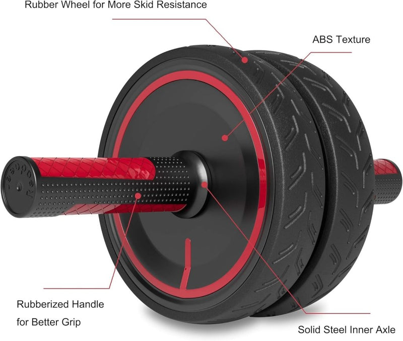 Laad afbeelding in Galerijviewer, De Versterk je core met onze Ab-roller voor thuisfitness! heeft een rood en zwart design met rubberen handgrepen, een rubberen wiel, ABS-textuur en een stevige stalen binnenas - ideaal voor het versterken van je core.
