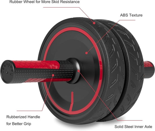 De Versterk je core met onze Ab-roller voor thuisfitness! heeft een rood en zwart design met rubberen handgrepen, een rubberen wiel, ABS-textuur en een stevige stalen binnenas - ideaal voor het versterken van je core.