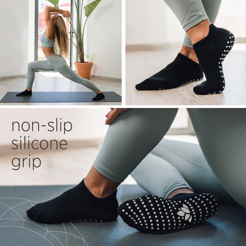 Laad afbeelding in Galerijviewer, All Things Accessory Pilates Grip Socks for Women, Non-Slip Socks with Grippers for Yoga Barre Hospital, 3 Pairs Size 6-10 (Black) - happygetfit.com
