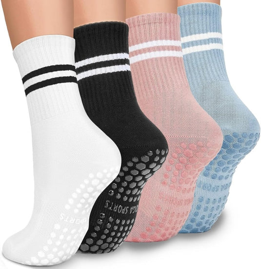 Antislip sokken dames 4 paar maat 35-40 met siliconen grip – yoga pilates trampoline sokken - happygetfit.com
