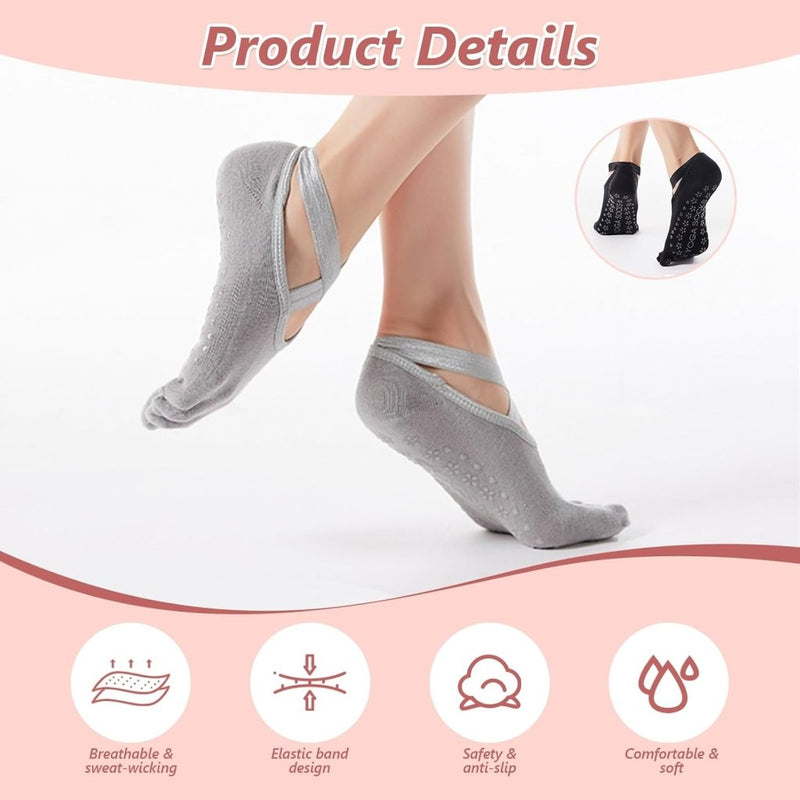 Charger l’image dans la visionneuse de galerie, Antislip yogasokken 4 paar van ademend katoen met gekruiste bandjes en siliconen grip voor pilates en ballet – danssokken – barre sokken - happygetfit.com
