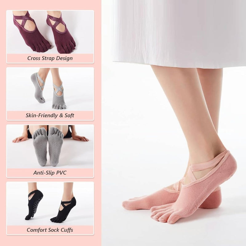 Charger l’image dans la visionneuse de galerie, Antislip yogasokken 4 paar van ademend katoen met gekruiste bandjes en siliconen grip voor pilates en ballet – danssokken – barre sokken - happygetfit.com
