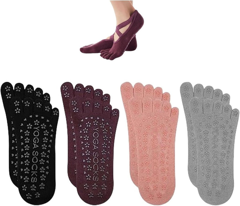 Charger l’image dans la visionneuse de galerie, Antislip yogasokken 4 paar van ademend katoen met gekruiste bandjes en siliconen grip voor pilates en ballet – danssokken – barre sokken - happygetfit.com
