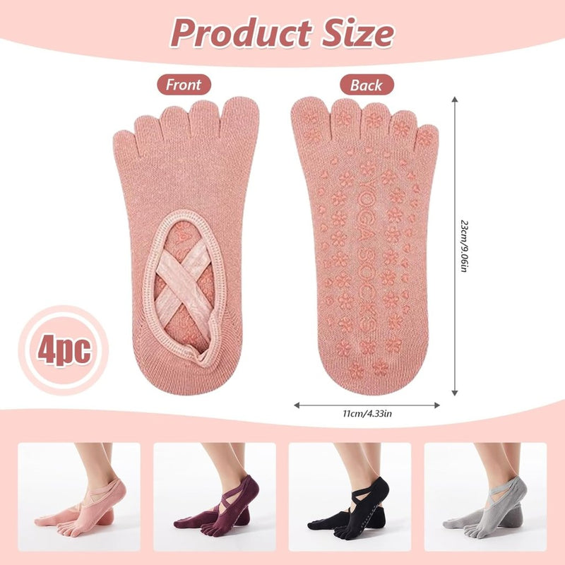 Charger l’image dans la visionneuse de galerie, Antislip yogasokken 4 paar van ademend katoen met gekruiste bandjes en siliconen grip voor pilates en ballet – danssokken – barre sokken - happygetfit.com
