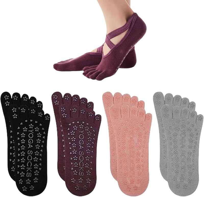 Charger l’image dans la visionneuse de galerie, Antislip yogasokken 4 paar van ademend katoen met gekruiste bandjes en siliconen grip voor pilates en ballet – danssokken – barre sokken - happygetfit.com
