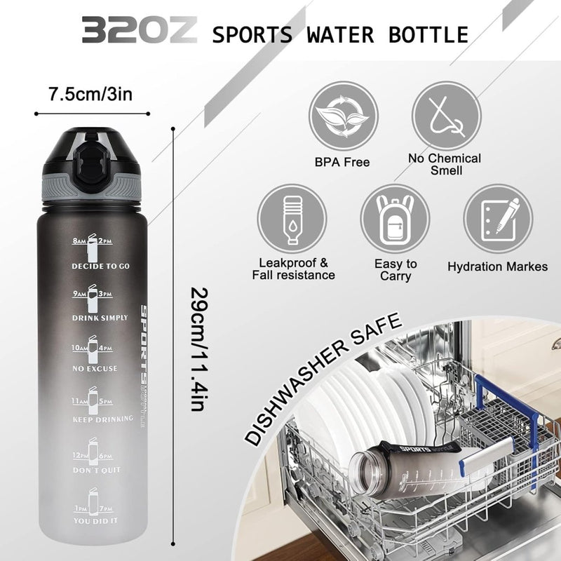 Load image into Gallery viewer, AOHAN 32 oz Water Bottles with Time Marker BPA Free Sport Drinking Bottle with Straw, Dishwasher Safe Lock Cover Leakproof Motivational Water Bottle Non-Toxic Canteen Bottle (Black Grey) - happygetfit.com
