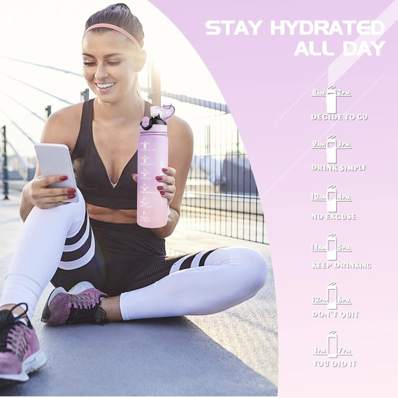 Load image into Gallery viewer, AOHAN 32 oz Water Bottles with Time Marker BPA Free Sport Drinking Bottle with Straw, Dishwasher Safe Lock Cover Leakproof Motivational Water Bottle Non-Toxic Canteen Bottle (Purple Pink) - happygetfit.com
