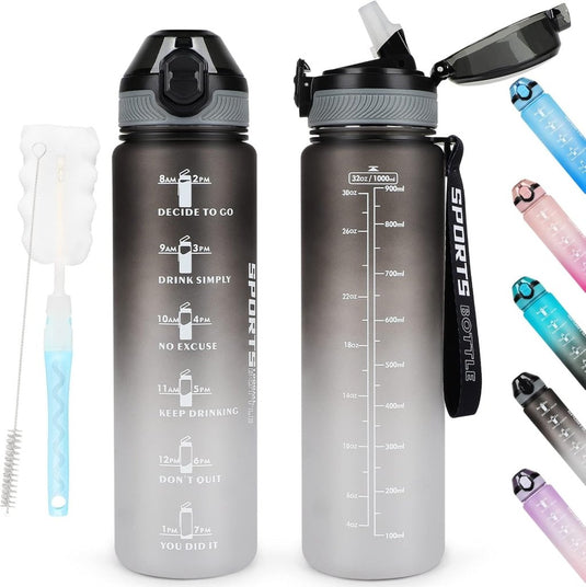 AOHAN 32 oz Water Bottles with Time Marker BPA Free Sport Drinking Bottle with Straw, Dishwasher Safe Lock Cover Leakproof Motivational Water Bottle Non-Toxic Canteen Bottle (Black Grey) - happygetfit.com