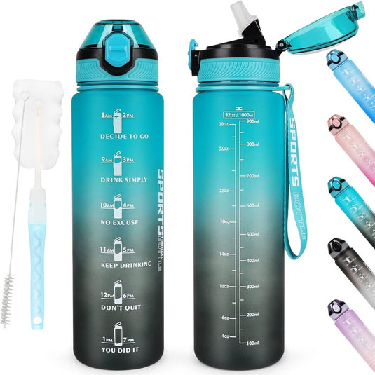 AOHAN 32 oz Water Bottles with Time Marker BPA Free Sport Drinking Bottle with Straw, Dishwasher Safe Lock Cover Leakproof Motivational Water Bottle Non-Toxic Canteen Bottle (Green Black) - happygetfit.com