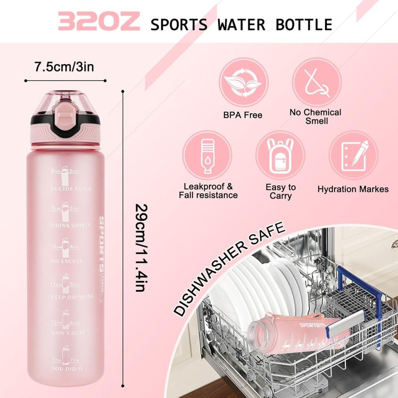 Load image into Gallery viewer, AOHAN 32 oz Water Bottles with Time Marker BPA Free Sport Drinking Bottle with Straw, Dishwasher Safe Lock Cover Leakproof Motivational Water Bottle Non-Toxic Canteen Bottle (Light Pink) - happygetfit.com
