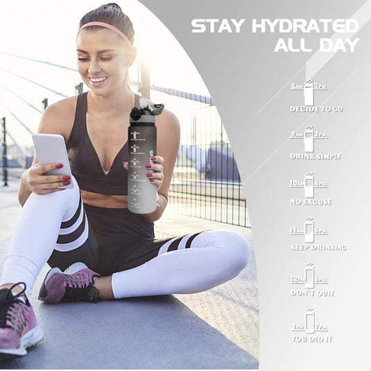 AOHAN 32 oz Water Bottles with Time Marker BPA Free Sport Drinking Bottle with Straw, Dishwasher Safe Lock Cover Leakproof Motivational Water Bottle Non-Toxic Canteen Bottle (Black Grey) - happygetfit.com