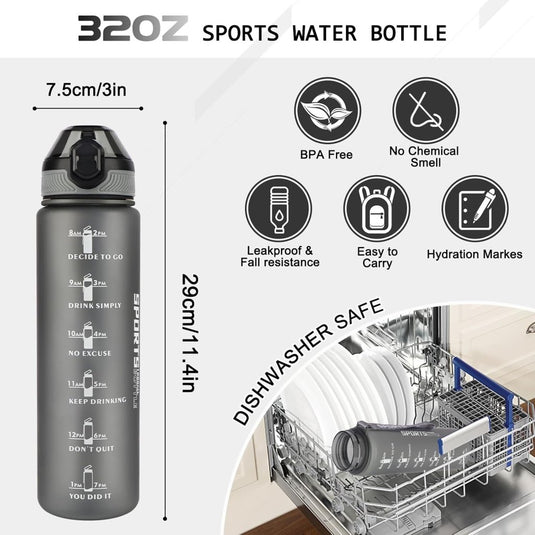 AOHAN 32 oz Water Bottles with Time Marker BPA Free Sport Drinking Bottle with Straw, Dishwasher Safe Lock Cover Leakproof Motivational Water Bottle Non-Toxic Canteen Bottle (Matte Grey) - happygetfit.com