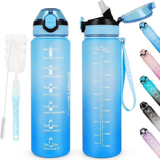AOHAN 32 oz Water Bottles with Time Marker BPA Free Sport Drinking Bottle with Straw, Dishwasher Safe Lock Cover Leakproof Motivational Water Bottle Non-Toxic Canteen Bottle (Blue) - happygetfit.com