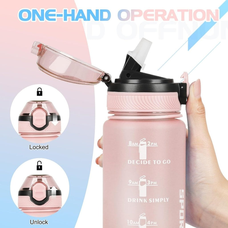 Load image into Gallery viewer, AOHAN 32 oz Water Bottles with Time Marker BPA Free Sport Drinking Bottle with Straw, Dishwasher Safe Lock Cover Leakproof Motivational Water Bottle Non-Toxic Canteen Bottle (Pink Blue) - happygetfit.com
