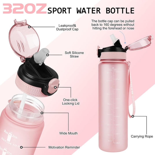 AOHAN 32 oz Water Bottles with Time Marker BPA Free Sport Drinking Bottle with Straw, Dishwasher Safe Lock Cover Leakproof Motivational Water Bottle Non-Toxic Canteen Bottle (Light Pink) - happygetfit.com
