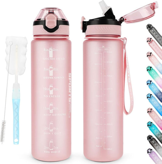 AOHAN 32 oz Water Bottles with Time Marker BPA Free Sport Drinking Bottle with Straw, Dishwasher Safe Lock Cover Leakproof Motivational Water Bottle Non-Toxic Canteen Bottle (Light Pink) - happygetfit.com