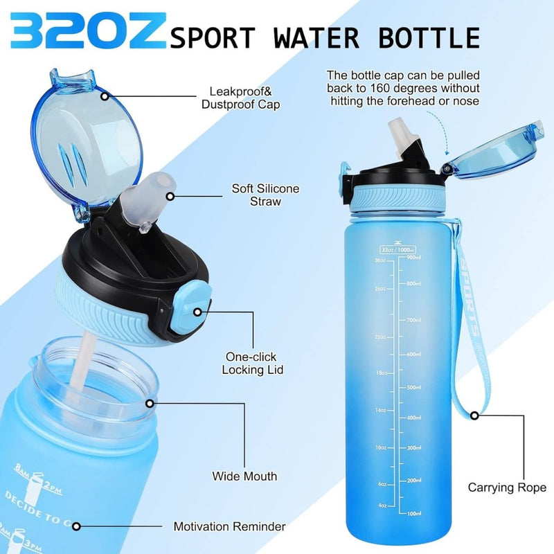 Load image into Gallery viewer, AOHAN 32 oz Water Bottles with Time Marker BPA Free Sport Drinking Bottle with Straw, Dishwasher Safe Lock Cover Leakproof Motivational Water Bottle Non-Toxic Canteen Bottle (Blue) - happygetfit.com
