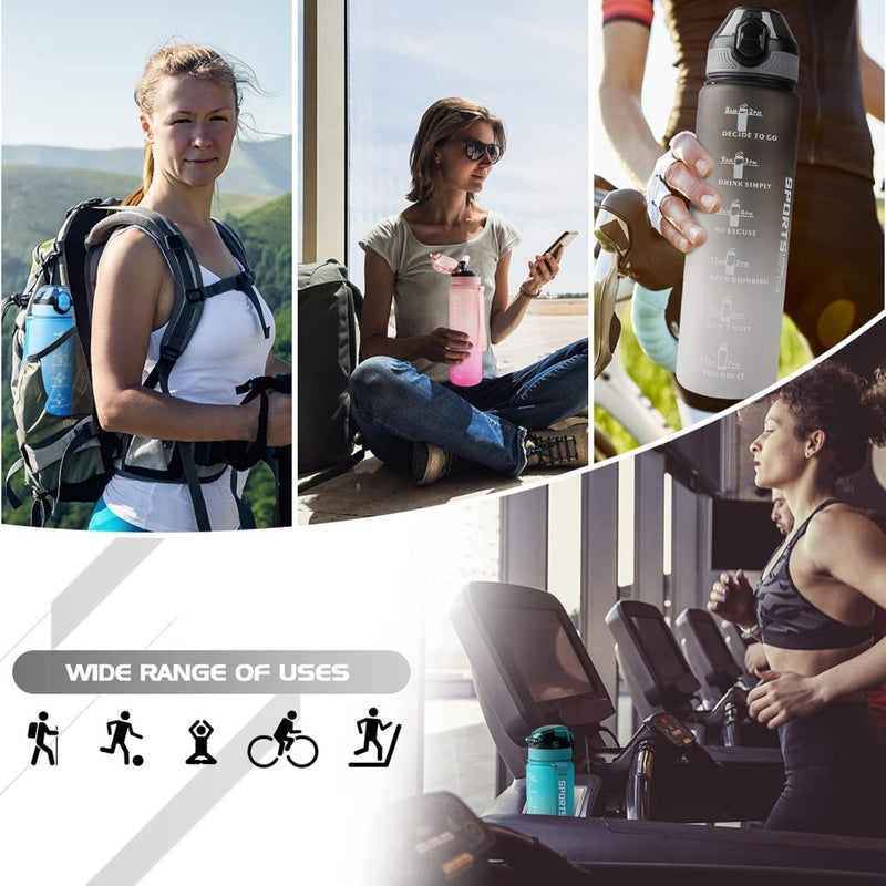 Load image into Gallery viewer, AOHAN 32 oz Water Bottles with Time Marker BPA Free Sport Drinking Bottle with Straw, Dishwasher Safe Lock Cover Leakproof Motivational Water Bottle Non-Toxic Canteen Bottle (Black Grey) - happygetfit.com

