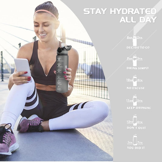 AOHAN 32 oz Water Bottles with Time Marker BPA Free Sport Drinking Bottle with Straw, Dishwasher Safe Lock Cover Leakproof Motivational Water Bottle Non-Toxic Canteen Bottle (Matte Grey) - happygetfit.com