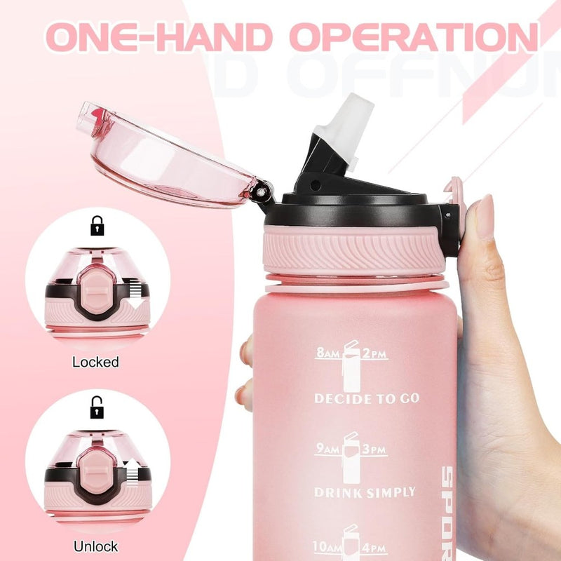 Load image into Gallery viewer, AOHAN 32 oz Water Bottles with Time Marker BPA Free Sport Drinking Bottle with Straw, Dishwasher Safe Lock Cover Leakproof Motivational Water Bottle Non-Toxic Canteen Bottle (Light Pink) - happygetfit.com
