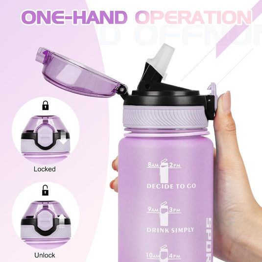 AOHAN 32 oz Water Bottles with Time Marker BPA Free Sport Drinking Bottle with Straw, Dishwasher Safe Lock Cover Leakproof Motivational Water Bottle Non-Toxic Canteen Bottle (Purple Pink) - happygetfit.com