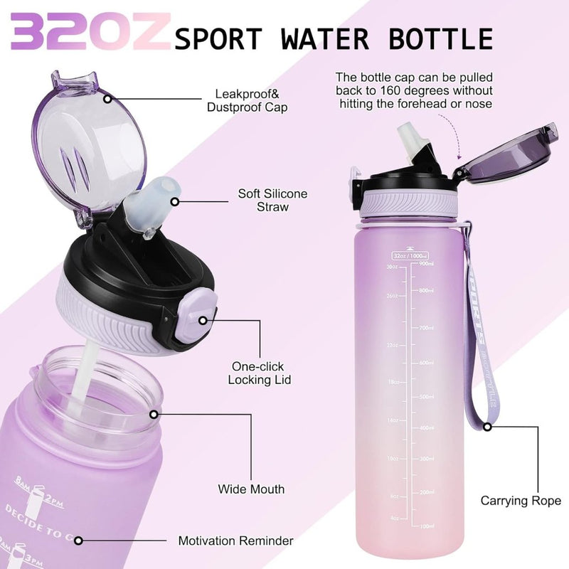 Load image into Gallery viewer, AOHAN 32 oz Water Bottles with Time Marker BPA Free Sport Drinking Bottle with Straw, Dishwasher Safe Lock Cover Leakproof Motivational Water Bottle Non-Toxic Canteen Bottle (Purple Pink) - happygetfit.com

