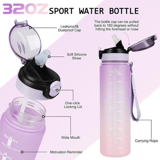 AOHAN 32 oz Water Bottles with Time Marker BPA Free Sport Drinking Bottle with Straw, Dishwasher Safe Lock Cover Leakproof Motivational Water Bottle Non-Toxic Canteen Bottle (Purple Pink) - happygetfit.com