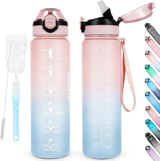 AOHAN 32 oz Water Bottles with Time Marker BPA Free Sport Drinking Bottle with Straw, Dishwasher Safe Lock Cover Leakproof Motivational Water Bottle Non-Toxic Canteen Bottle (Pink Blue) - happygetfit.com