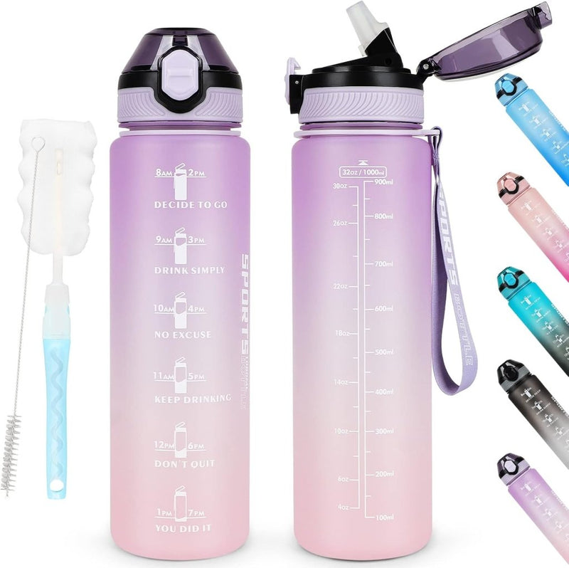 Load image into Gallery viewer, AOHAN 32 oz Water Bottles with Time Marker BPA Free Sport Drinking Bottle with Straw, Dishwasher Safe Lock Cover Leakproof Motivational Water Bottle Non-Toxic Canteen Bottle (Purple Pink) - happygetfit.com

