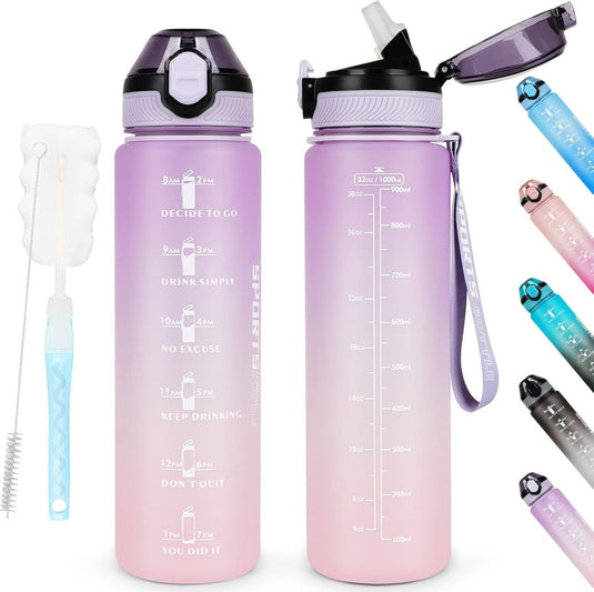 AOHAN 32 oz Water Bottles with Time Marker BPA Free Sport Drinking Bottle with Straw, Dishwasher Safe Lock Cover Leakproof Motivational Water Bottle Non-Toxic Canteen Bottle (Purple Pink) - happygetfit.com