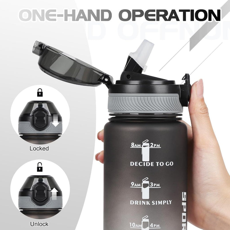 Load image into Gallery viewer, AOHAN 32 oz Water Bottles with Time Marker BPA Free Sport Drinking Bottle with Straw, Dishwasher Safe Lock Cover Leakproof Motivational Water Bottle Non-Toxic Canteen Bottle (Black Grey) - happygetfit.com
