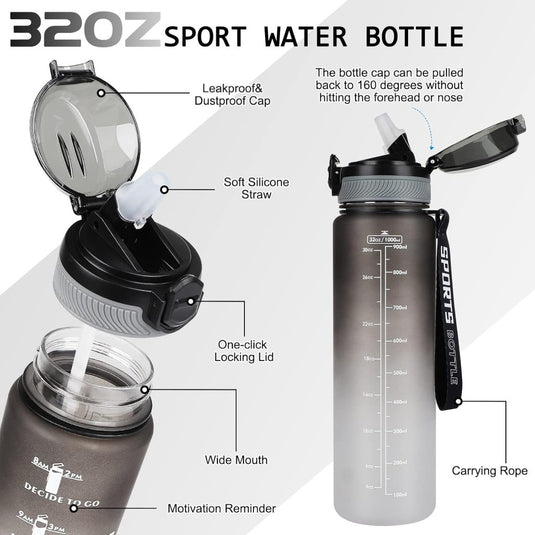 AOHAN 32 oz Water Bottles with Time Marker BPA Free Sport Drinking Bottle with Straw, Dishwasher Safe Lock Cover Leakproof Motivational Water Bottle Non-Toxic Canteen Bottle (Black Grey) - happygetfit.com