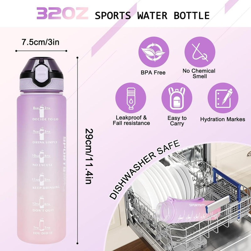 Load image into Gallery viewer, AOHAN 32 oz Water Bottles with Time Marker BPA Free Sport Drinking Bottle with Straw, Dishwasher Safe Lock Cover Leakproof Motivational Water Bottle Non-Toxic Canteen Bottle (Purple Pink) - happygetfit.com
