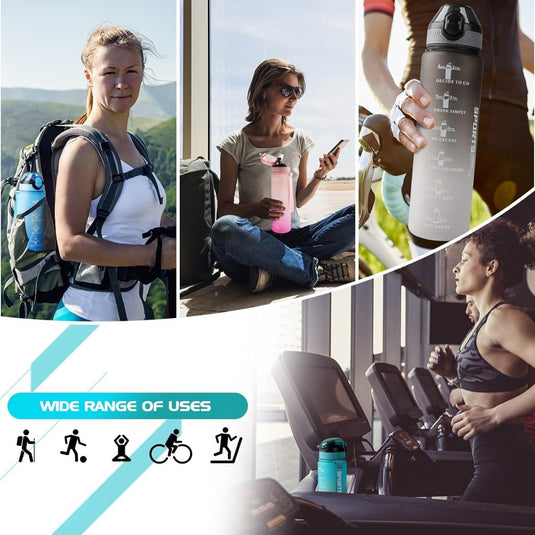 AOHAN 32 oz Water Bottles with Time Marker BPA Free Sport Drinking Bottle with Straw, Dishwasher Safe Lock Cover Leakproof Motivational Water Bottle Non-Toxic Canteen Bottle (Green Black) - happygetfit.com