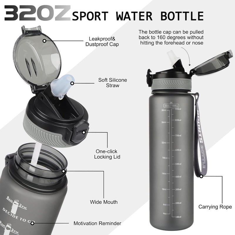 Load image into Gallery viewer, AOHAN 32 oz Water Bottles with Time Marker BPA Free Sport Drinking Bottle with Straw, Dishwasher Safe Lock Cover Leakproof Motivational Water Bottle Non-Toxic Canteen Bottle (Matte Grey) - happygetfit.com
