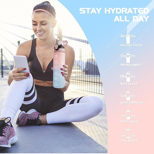 AOHAN 32 oz Water Bottles with Time Marker BPA Free Sport Drinking Bottle with Straw, Dishwasher Safe Lock Cover Leakproof Motivational Water Bottle Non-Toxic Canteen Bottle (Pink Blue) - happygetfit.com