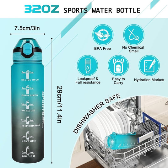 AOHAN 32 oz Water Bottles with Time Marker BPA Free Sport Drinking Bottle with Straw, Dishwasher Safe Lock Cover Leakproof Motivational Water Bottle Non-Toxic Canteen Bottle (Green Black) - happygetfit.com