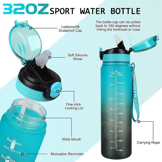 AOHAN 32 oz Water Bottles with Time Marker BPA Free Sport Drinking Bottle with Straw, Dishwasher Safe Lock Cover Leakproof Motivational Water Bottle Non-Toxic Canteen Bottle (Green Black) - happygetfit.com