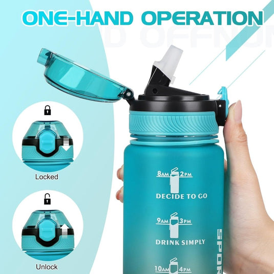 AOHAN 32 oz Water Bottles with Time Marker BPA Free Sport Drinking Bottle with Straw, Dishwasher Safe Lock Cover Leakproof Motivational Water Bottle Non-Toxic Canteen Bottle (Green Black) - happygetfit.com