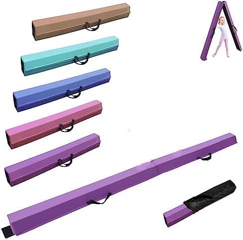 Laad afbeelding in Galerijviewer, Opvouwbare artistieke gymnastiekbalk voor thuis in levendige kleuren, met een PU-leer buitenkant en antislipbobbel basis voor veiligheid. Getoond zowel uitgeklapt als ingeklapt, met handgrepen, en bevat een afbeelding van een kind dat vol vertrouwen de balk gebruikt. Verkrijgbaar in 240/270/300 cm lengtes voor training.
