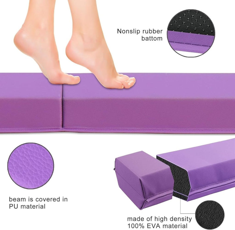 Laad afbeelding in Galerijviewer, Balancerend op de &quot;Artistieke gymnastiekbalk voor thuis,&quot; een opvouwbare paarse schuimbalk met een antisliprubberen bodem, PU-leer hoes en EVA met hoge dichtheid voor stabiliteit en duurzaamheid, perfect voor thuistraining of professionele training voor kinderen. Verkrijgbaar in de lengtes 240/270/300 cm.
