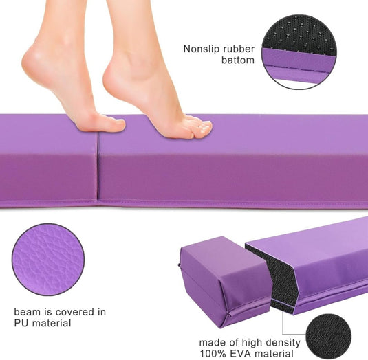 Balancerend op de "Artistieke gymnastiekbalk voor thuis," een opvouwbare paarse schuimbalk met een antisliprubberen bodem, PU-leer hoes en EVA met hoge dichtheid voor stabiliteit en duurzaamheid, perfect voor thuistraining of professionele training voor kinderen. Verkrijgbaar in de lengtes 240/270/300 cm.