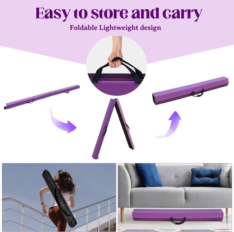 Laad afbeelding in Galerijviewer, Collage van een opvouwbare, lichte paarse yogamat met een antislip rubberen onderkant en handvat. De mat is opgevouwen, wordt gedragen en opgeborgen onder een bank.
