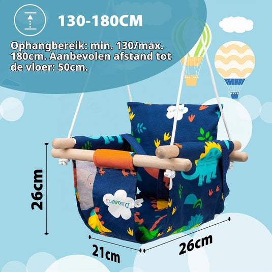 Babyschommel met veiligheidsgordel en verstelbare touwen – houten kinderschommel – dinosaurus - happygetfit.com
