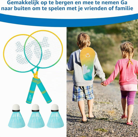 Badmintonset kinderen met 2 rackets van 44 cm inclusief 3 shuttles en draagtas – junior badminton – buitensport - happygetfit.com