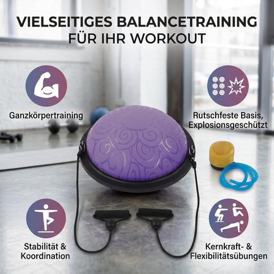 Balanstrainer 46 cm met weerstandsbanden – antislip halve bal – core training – evenwichtstraining - happygetfit.com